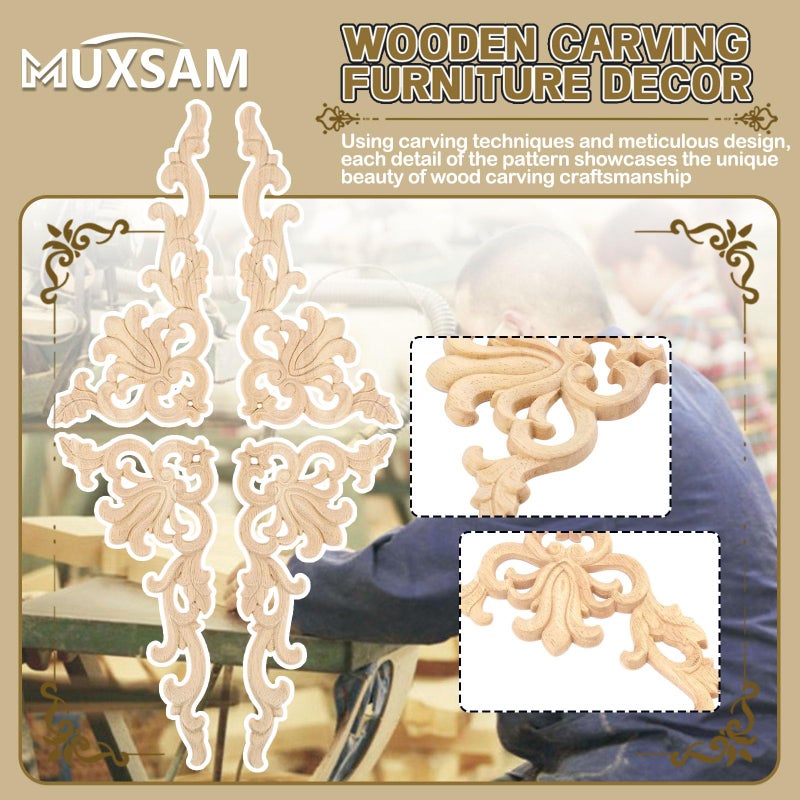 MUXSAM 2-Pair Wood Carved Onlays, 20x10cm/7.87"x3.94", Left&Right Decorated Furniture Appliques, Wooden Carving Corner Decals for Cabinet Drawer Cupboard Dresser Mirror Door Wall Bed DIY Projects - Image 3